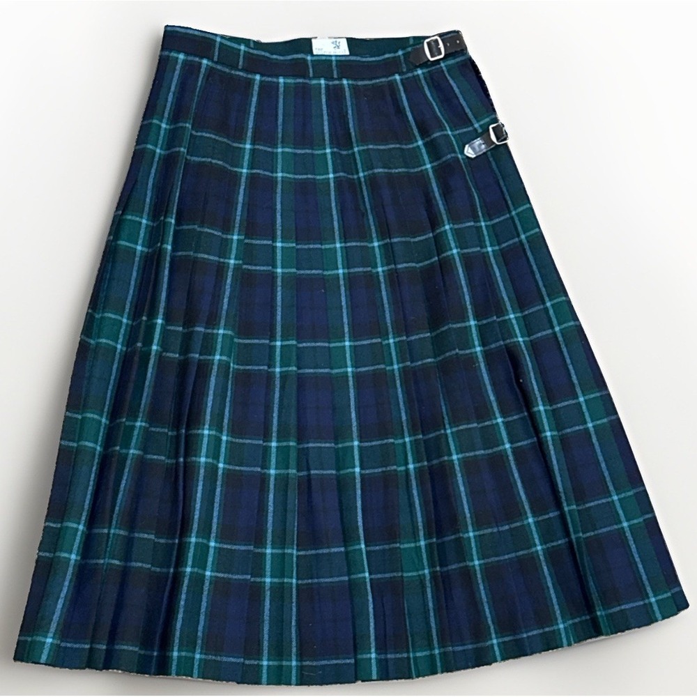 The Scotch House Wool Kilt Skirt Navy/Green Tartan Scotland Made 30" Waistband